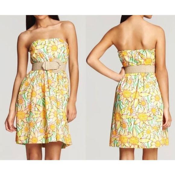 Lilly Pulitzer Wyatt Classic Dress Strapless Floral Fit And Flare Yellow Size 8 - Picture 2 of 12